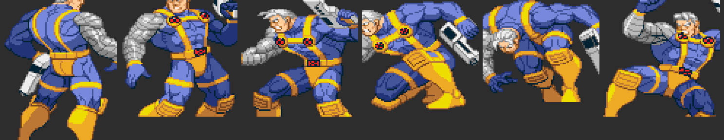 Six decoded Cable sprites from PL17_DAT.BIN: white hair, cybernetic silver left arm, blue bodysuit with gold X-harness and red X buckles, yellow boots