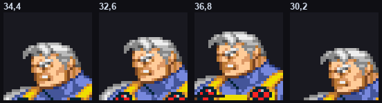 Four candidate 32x32 crops of Cable's head taken from his idle sprite