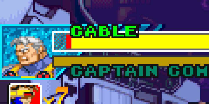The MvC1 lifebar showing Cable's portrait and the name CABLE in the game's green letter art