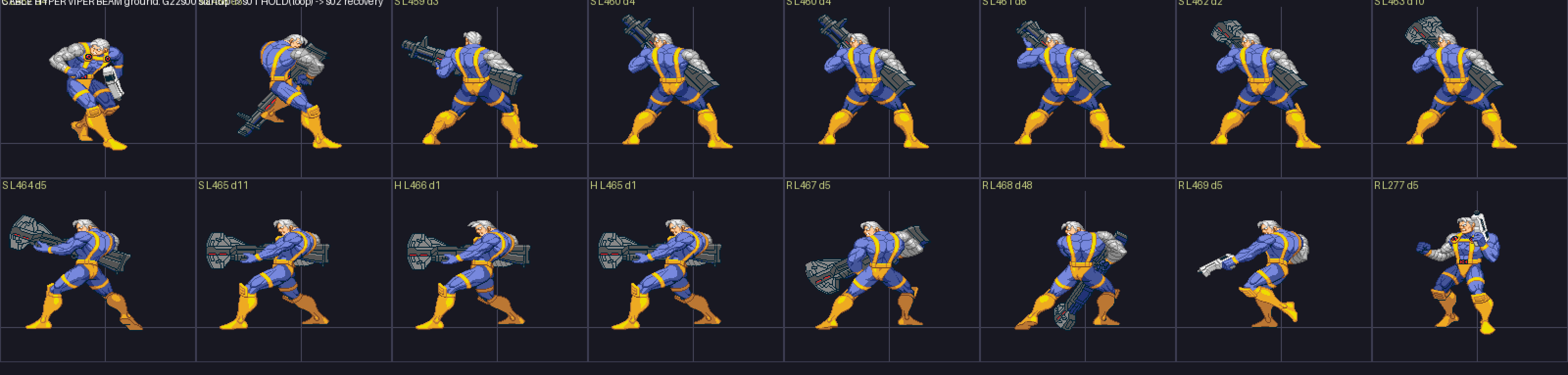 Sixteen frames of Cable's Hyper Viper Beam: reaching back, hauling a multi-barrel cannon off his back, shouldering it, bracing, firing, then lowering and stowing it