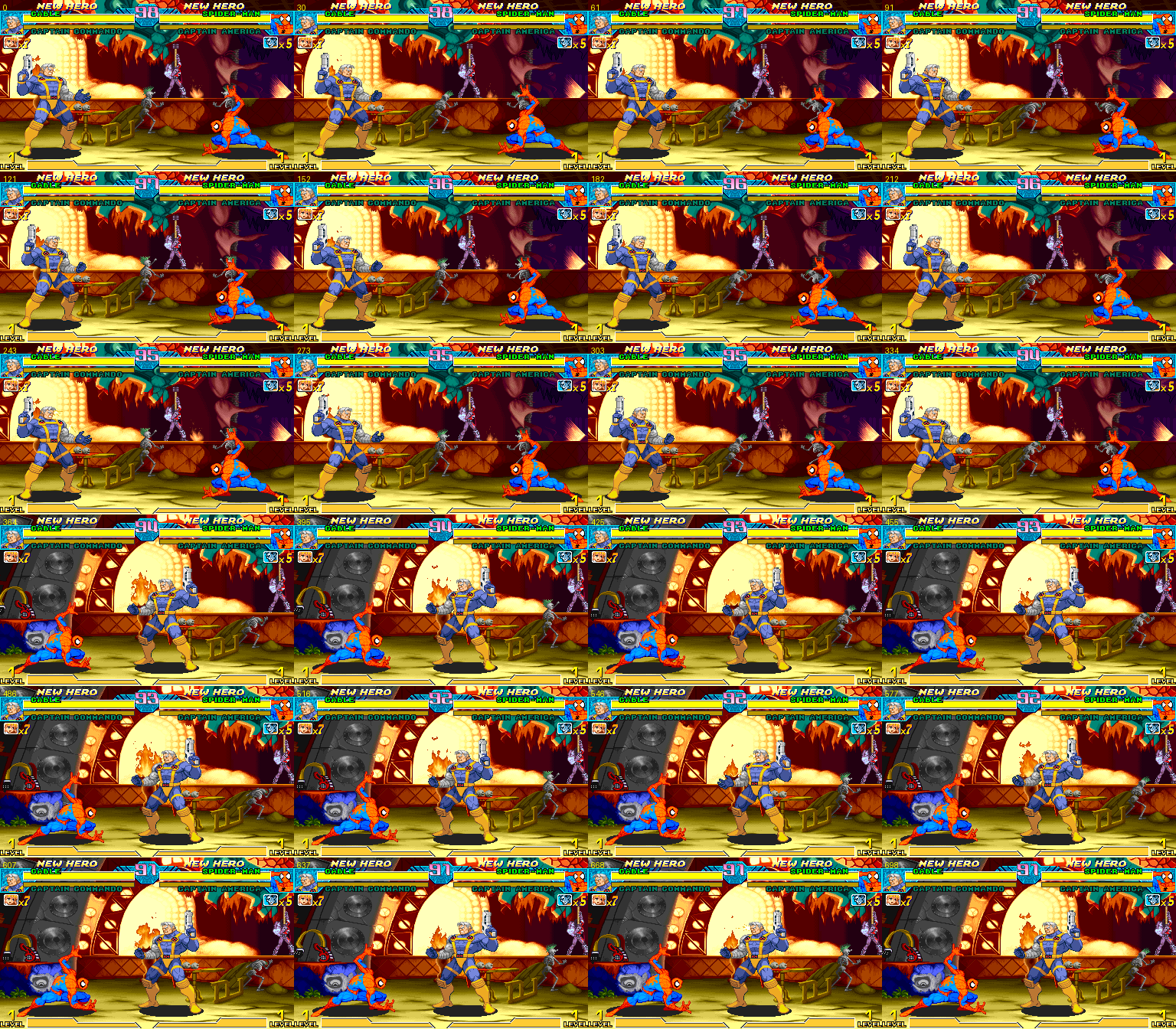 Contact sheet from the v30 Cable idle gate showing his long idle animation advancing through the complete sequence in Marvel vs Capcom