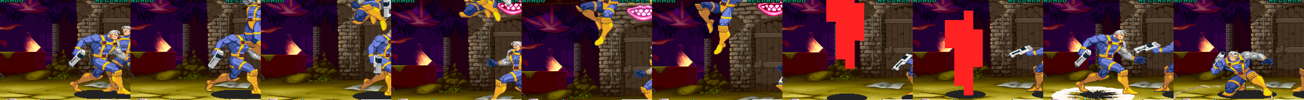 Ten captured frames showing Cable walking, jumping, and landing with a dust cloud