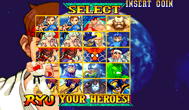 Real FBNeo capture of Marvel vs. Capcom rendering four visible portrait columns and five rows after a new column was added to the left