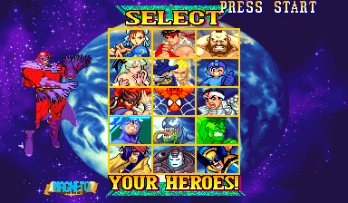 Magneto highlighted in a live Marvel vs. Capcom character-select capture while the stock three-by-five portrait grid remains