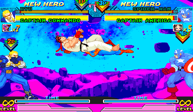 V3 gameplay with four fighters, 1P and 2P on the left team and 3P and 4P on the right, with two TIME bars.