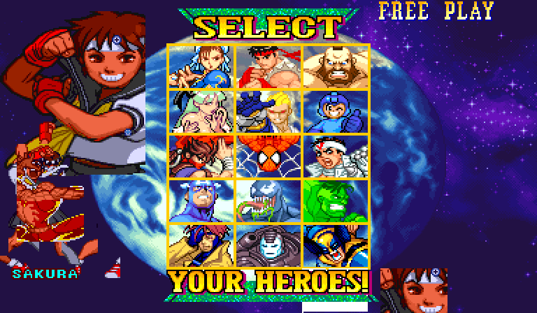Her select screen: montage art, grid-cell face, and her name where IRON SPIDER used to be