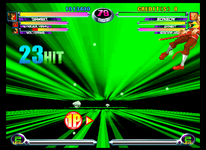 MvC2 mid-handoff, the outgoing fighter leaving frame while the incoming partner's Hyper background fills the screen and the combo counter continues
