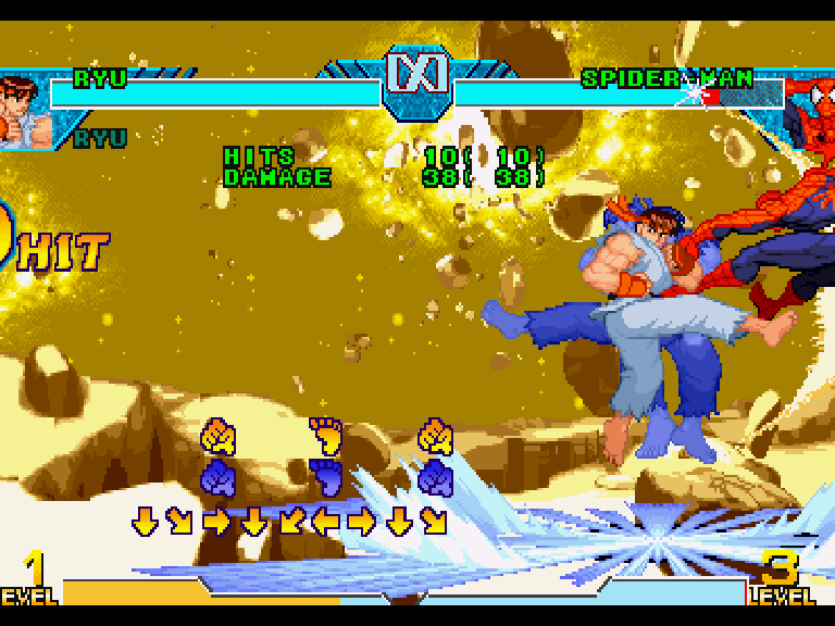 PlayStation MVC in training mode, Ryu partway through cancelling one Hyper into another, the golden meteor background filling the screen and the input display showing both motions
