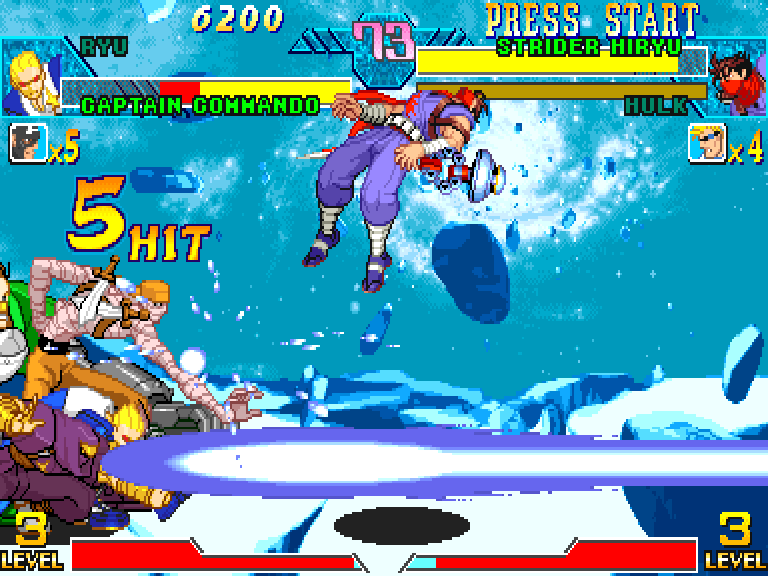 The v8 candidate running on CPS-2, Ryu firing a Hyper with the blue meteor background filling the screen and three bars of meter