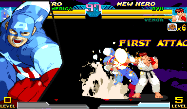 Native v9.3 diagnostic: Captain America's blue portrait opens his second life while the dark, shaded native super pattern remains behind the fighters with a light red tint.