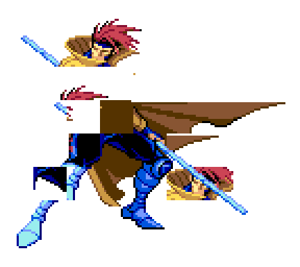 Gambit's stock idle sprite decoded from the ROM, showing him facing left with his coat trailing to the right