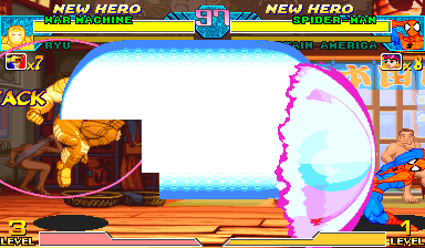Gold War Machine airborne on the left firing Onslaught's full Mega Optic Blast to the right