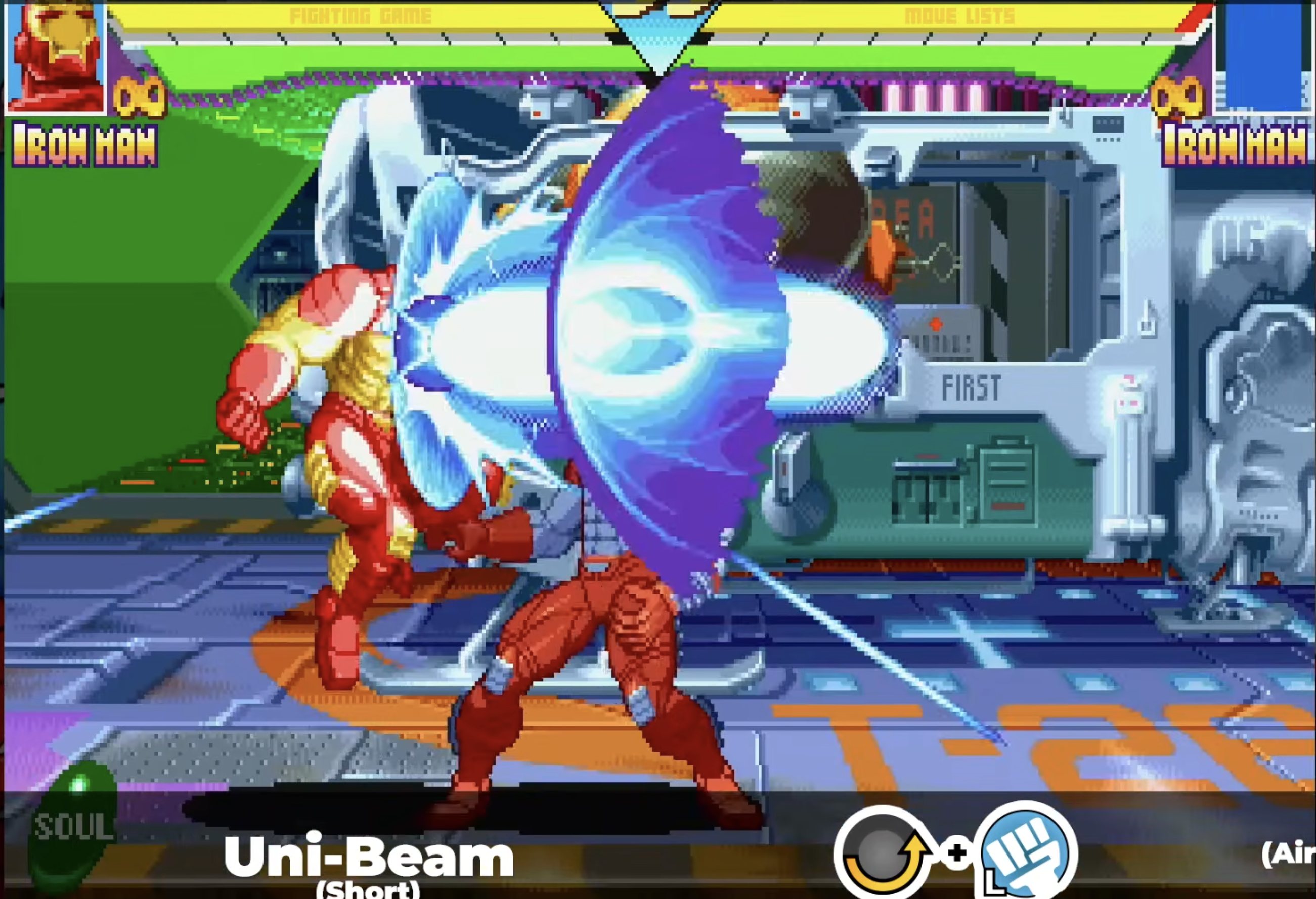 Iron Man performing an airborne Uni-Beam with a clear chest-centered emitter