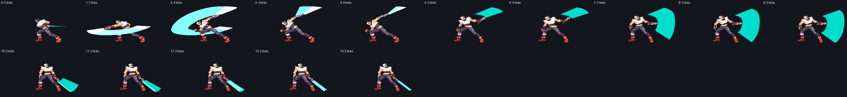 Fifteen source animation records showing Hayato's sweeping plasma-sword attack