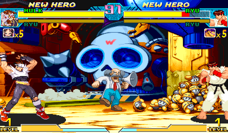 Hayato's standing heavy punch rendered by stock Marvel vs. Capcom in MAME 0.287; the HUD still reads HULK