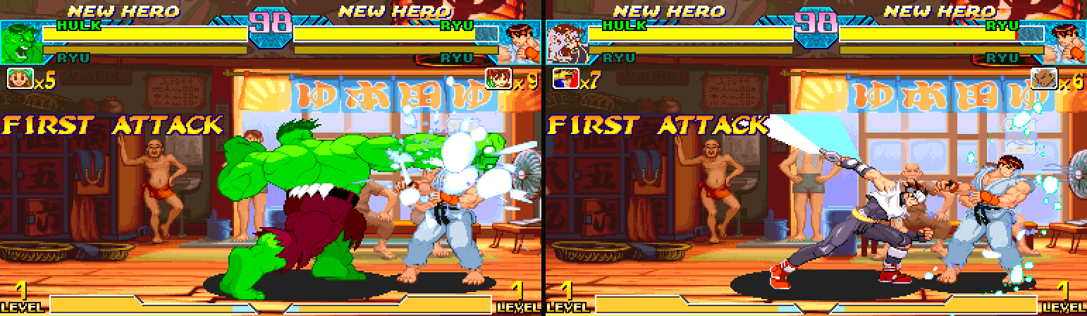 Frame 120 after the round starts on the stock ROM (Hulk, left) and on the render probe (Hayato, right) under the identical input schedule; both heavy punches connect
