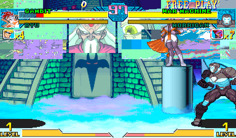 Marvel vs. Capcom screenshot with the lifebar reading GAMBIT, but the left side of the stage shows pastel-coloured garbage blocks instead of a character, and a large incorrect sprite in the middle of the stage