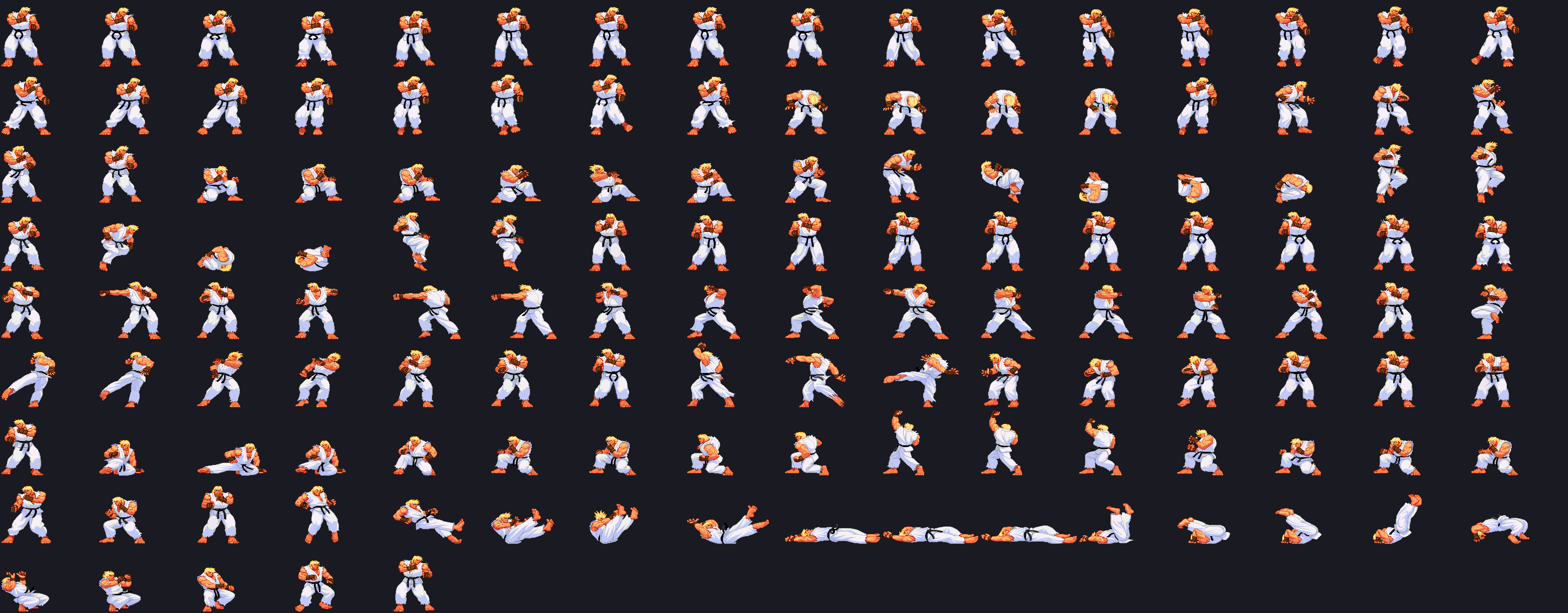 A contact sheet of 133 Ken sprite frames arranged in a grid on dark background: idle stances, walking cycles, crouches, jump arcs, punches and kicks in various extensions, special move frames, and several knocked-down poses