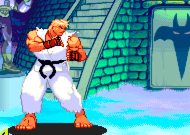 Animated loop of Street Fighter III Ken inside Marvel vs. Capcom, standing in his idle, walking backward and forward, crouching, jumping and throwing punches and kicks, all in his white gi