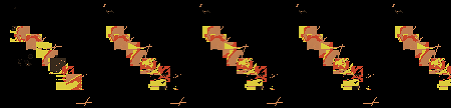 A horizontal strip of sixteen nearly identical tiles, each showing scattered orange and yellow colored blocks arranged in a diagonal staircase from lower-left to upper-right on black