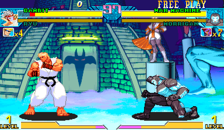 Marvel vs. Capcom gameplay screenshot: lifebar reads GAMBIT over RYU on the left, WAR MACHINE over MORRIGAN on the right. Ken from Street Fighter III stands on the right side of the stage in his white gi with blonde hair and black belt, alongside War Machine on the Daily Bugle stage