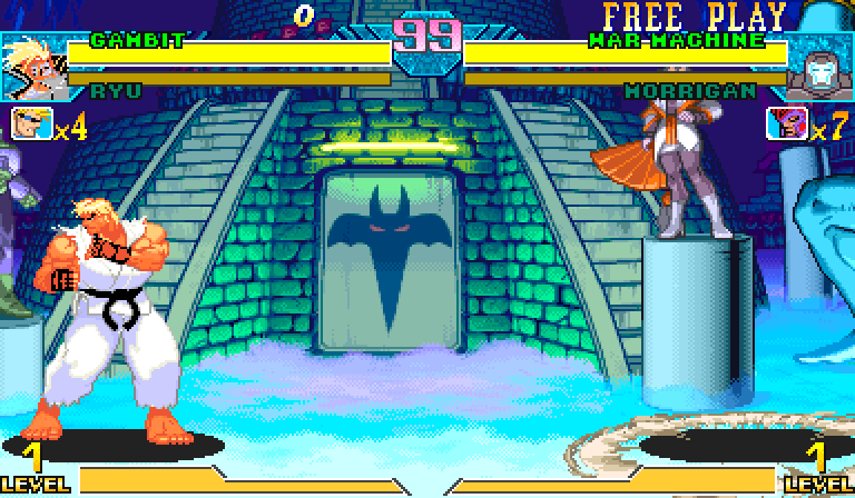 Marvel vs. Capcom gameplay screenshot with the lifebar reading GAMBIT, showing Street Fighter III Ken standing in his idle stance in a white gi on the stage
