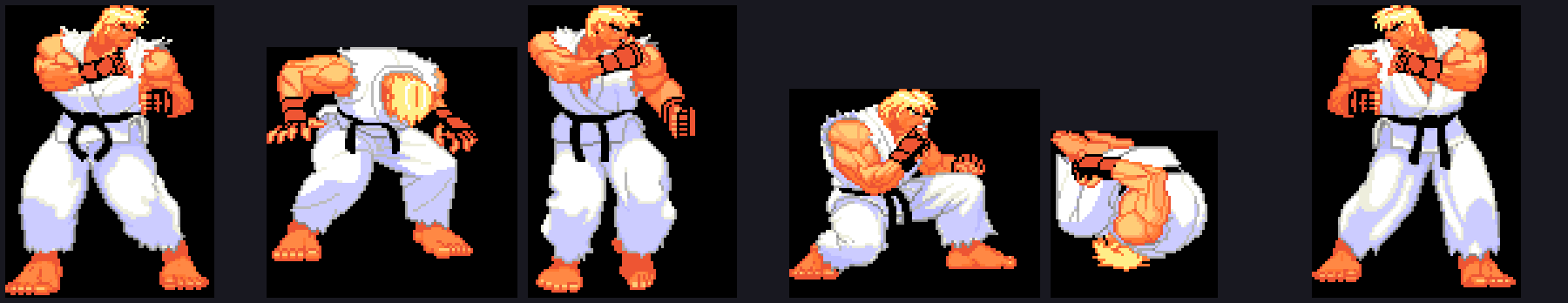 Six Ken sprites in a row on a dark background: standing idle, walking forward, walking backward, crouching, jumping straight up curled, and jumping forward, all in a white gi