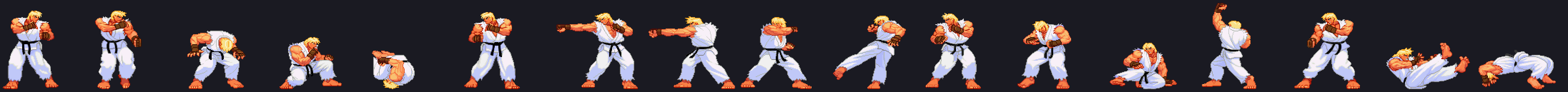 A horizontal strip of seventeen Ken sprites, one per scripted move: idle stance, walking, crouching, jumping, several punch and kick poses, and special move frames, all on a dark background with no stage behind them