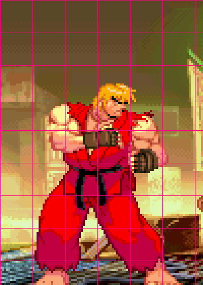 A MAME screenshot crop of Ken standing in a stage with the restaurant background clearly visible behind and around him, overlaid with a magenta 16-by-16 pixel grid showing how it was sliced