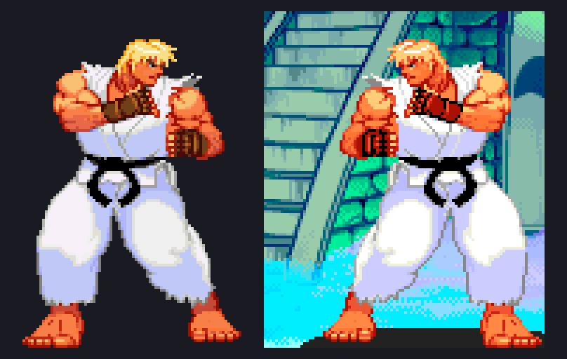 Two Ken sprites side by side on a dark background: on the left the extracted CPS-3 source frame in full colour, on the right the same pose as it renders inside Marvel vs. Capcom with the stage visible behind him
