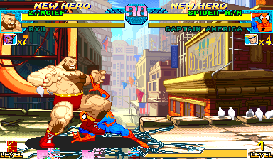 Stock Marvel vs Capcom Zangief command grab catching Spider-Man on his right