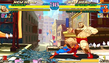 Stock Marvel vs Capcom Zangief command grab catching Spider-Man on his left