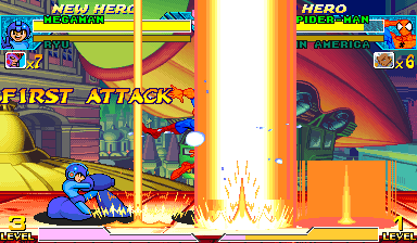 Patched CPS-2 Marvel vs. Capcom showing Mega Man crouched on the left while three orange Magnetic Shockwave columns strike Spider-Man