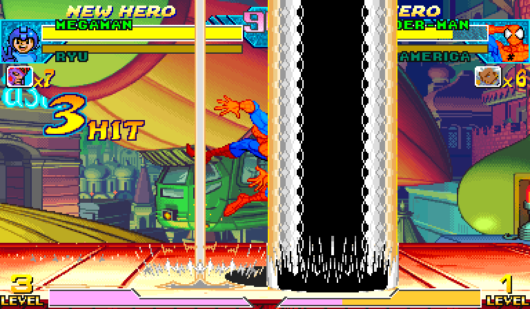 Magnetic Shockwave column rendered with a black center and white checker border immediately after hit flash