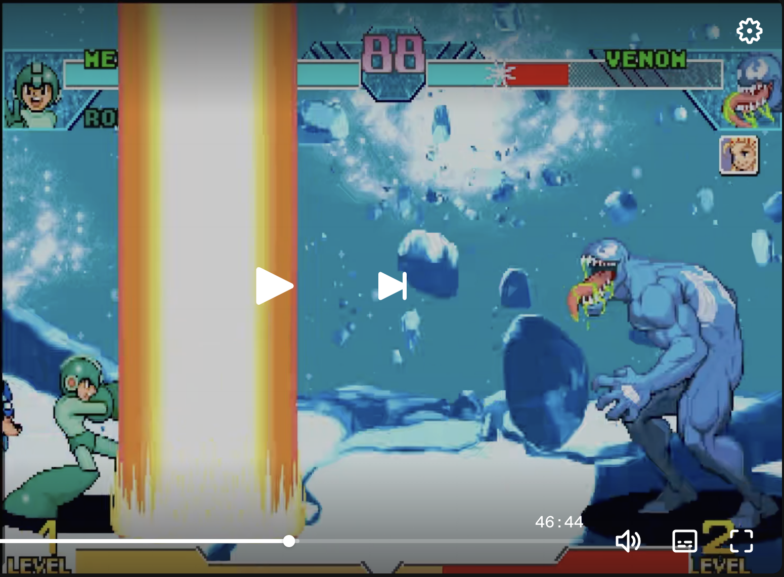 PlayStation Magnetic Shockwave with one orange energy column rising between Mega Man and Venom