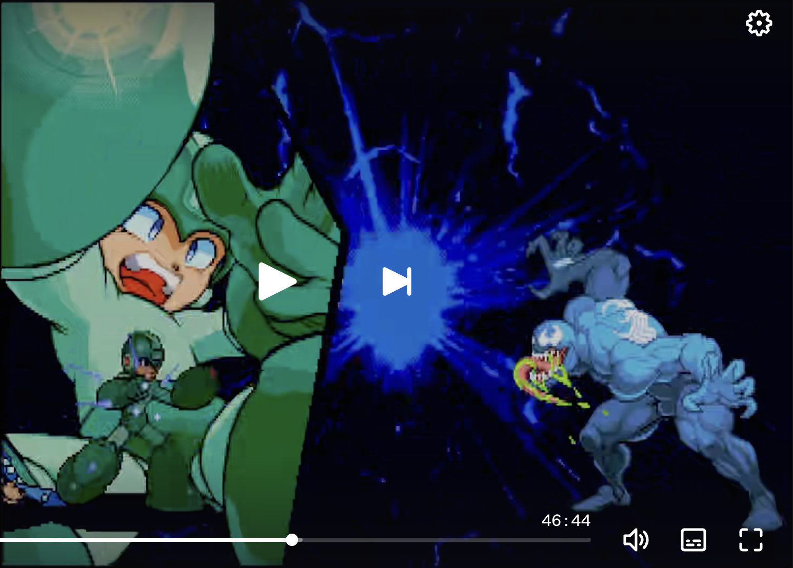 PlayStation Marvel vs. Capcom super freeze showing Mega Man's portrait and Magnetic Shockwave lettering