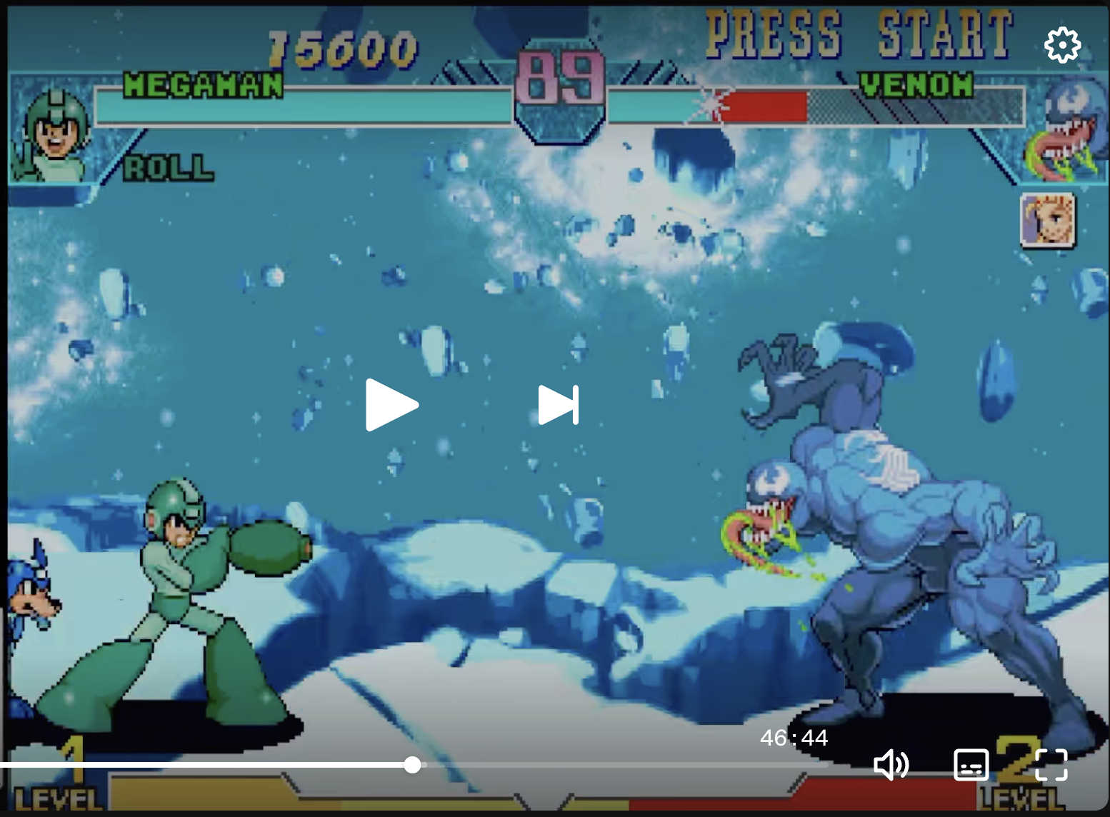 PlayStation Marvel vs. Capcom with green Mega Man bracing on the left before Magnetic Shockwave