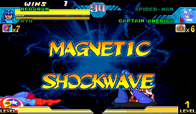 Mega Man's Magnetic Shockwave defeating the final opposing character while the native arcade renderer displays Magnetic Shockwave