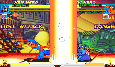 Mega Man's Magnetic Shockwave defeating the first opposing character with no move-name title displayed