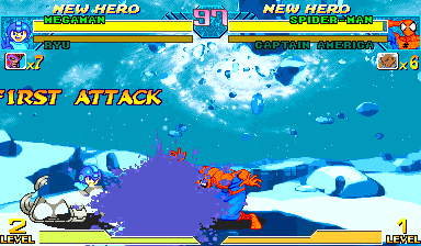 Magnetic Shockwave patched Marvel vs. Capcom Rush Drill at captured age 104, pixel-identical to stock