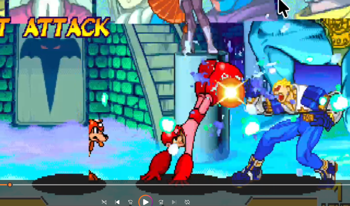 Mega Man attacking in an ordinary Marvel vs Capcom match while Rush appears separately behind him