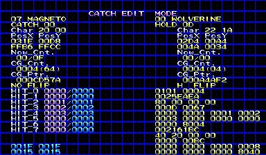 X-Men vs Street Fighter CATCH EDITER showing Magneto and Wolverine catch and hold records