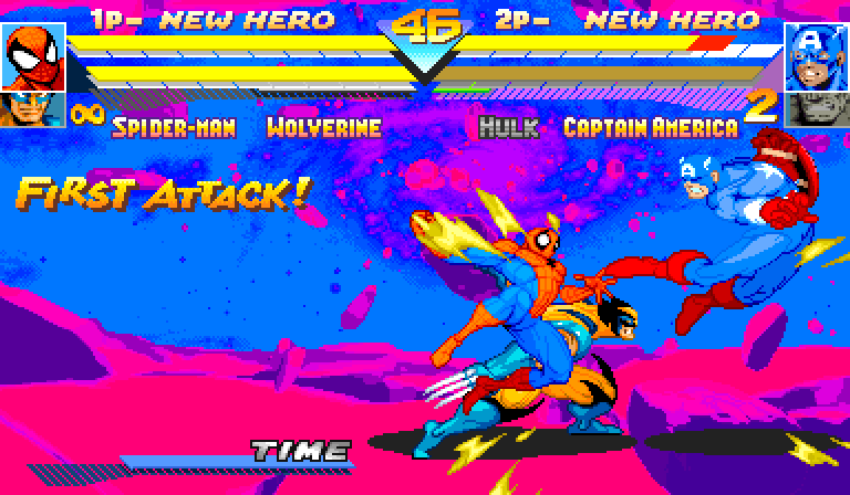 Spider-Man and Wolverine side by side in a double team against Captain America, under Marvel vs. Capcom's meteor sky