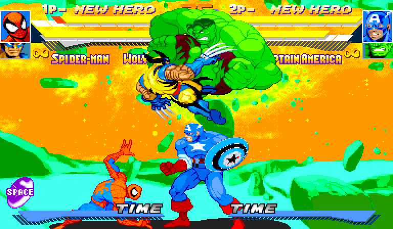 Hulk, Wolverine, Spider-Man and Captain America in one clash under the meteor sky, both TIME bars along the bottom