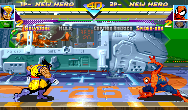 The MSH TAG HUD: two life bars on each side, the upper one bright yellow for the hero on point, the lower one darker gold for the partner and reaching in to the timer; Wolverine's portrait with Hulk's face under it, Spider-Man's with Captain America's, each team's gauge at Level 2 under its bars, and the names under the gauges, the benched heroes' in gray