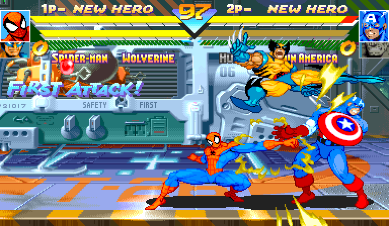 A tag in the middle of a combo: Wolverine's flying kick lands on Captain America while Spider-Man finishes his move