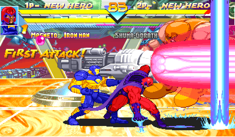 A team super: Iron Man fires his cannon and Magneto his super at the same moment, a pink beam and a pillar of light across the screen at Juggernaut