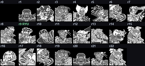 All 23 MvC1 lifebar portraits decoded and laid out in a grid