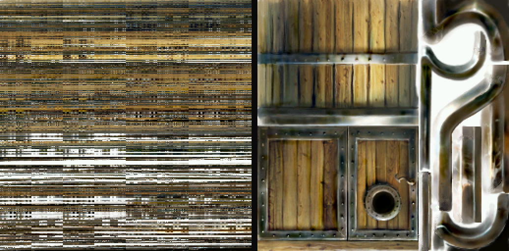 The same 256x256 texture from STG00TEX.BIN read linearly (scrambled bars) and after Morton-order untwiddling (clean wooden door artwork)