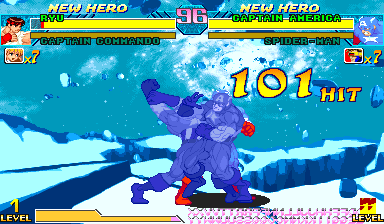 Marvel vs. Capcom displaying a mirrored 101 HIT on the Player 2 side